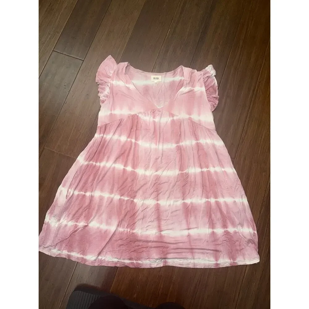 Bibi pink and white horizontal tie-dye babydoll Medium  dress
